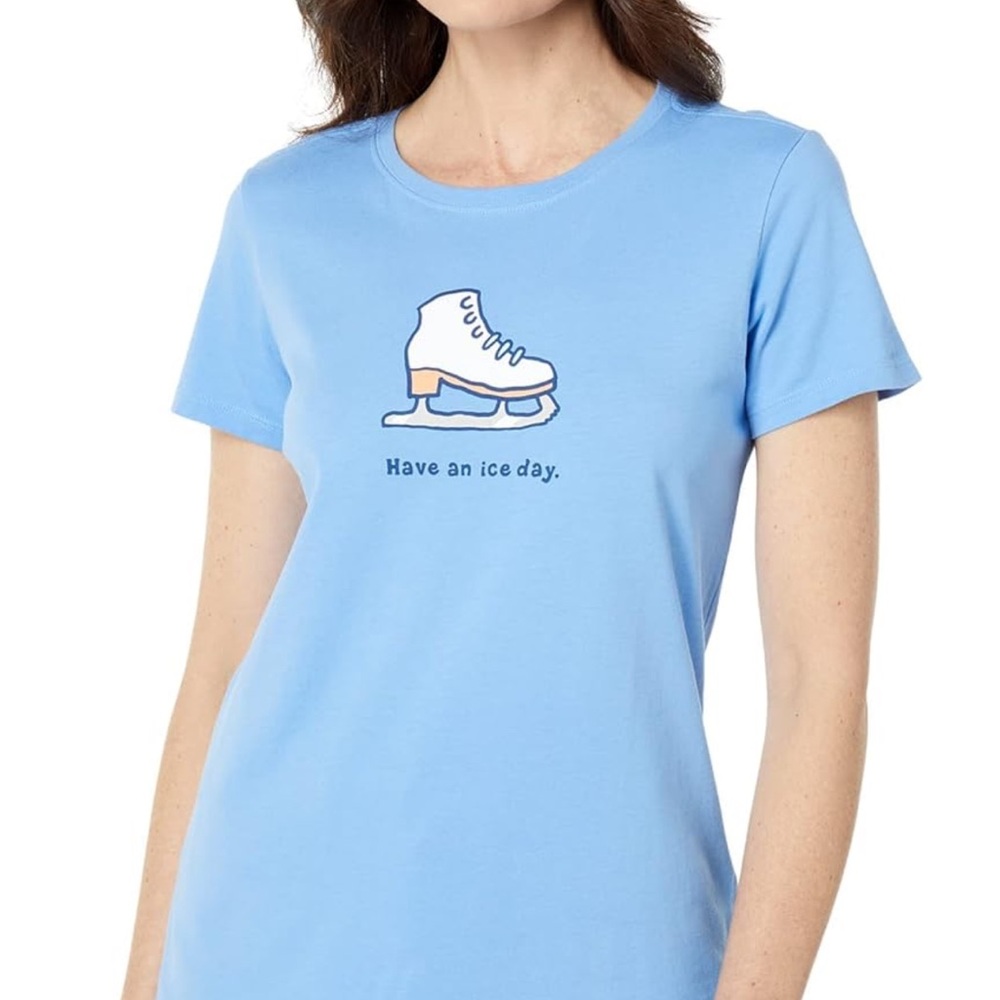 Life Is Good Light Blue Crewneck Graphic Tee Womens size large ice skating tee